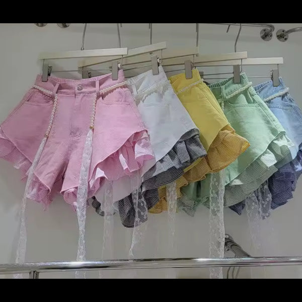 Women Fashion Plaid Ruffle Color Denim Shorts