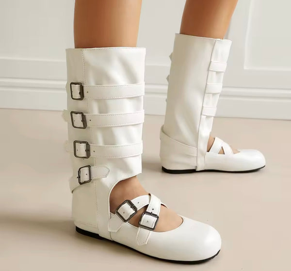 Women Fashion Mary Jane Buckled Mid-Calf Flat Boots