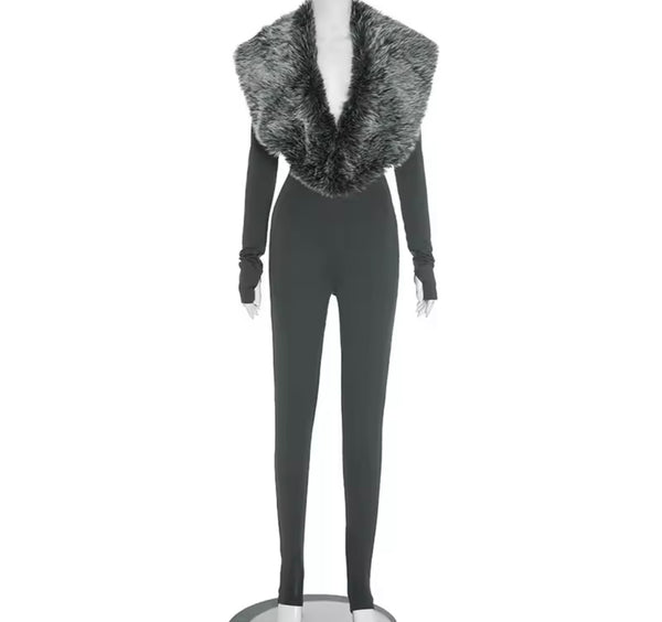 Women Fashion Faux Fur Full Sleeve Jumpsuit