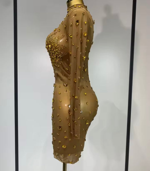 Women Sexy Bling Crystal Mesh Full Sleeve Dress