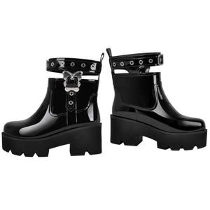 Women Black Patent Leather Butterfly Buckle Ankle Boots