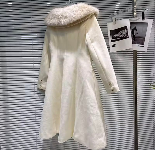 Women Faux Fur Patchwork Button Up Warm Wool Trench Jacket