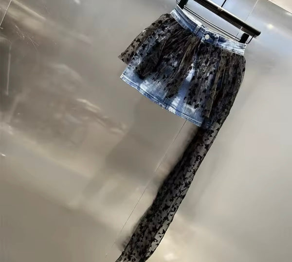 Women Sexy Fashion Denim Star Mesh Skirt