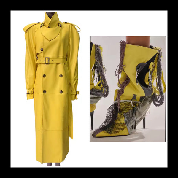 Women Fashion Yellow Belted Button Up Faux Leather Trench Jacket