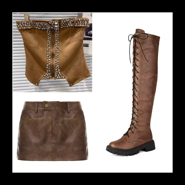 Women Sexy Fashion Faux Leather Brown Skirt