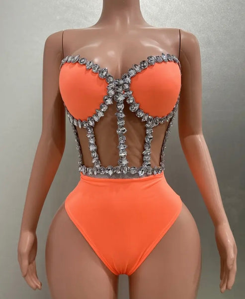 Women Sexy Orange Rhinestone Mesh Patchwork Jacket Bodysuit Top