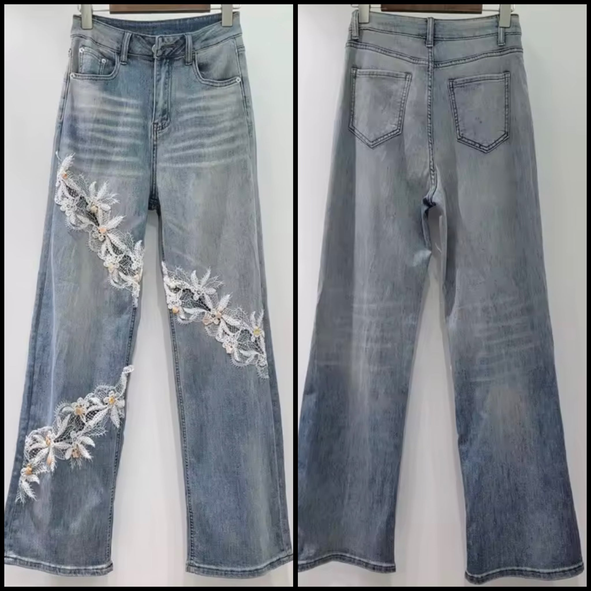 Women Fashion Floral Lace Patchwork Denim Pants