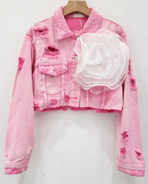 Women Fashion Ripped Floral Denim Jacket