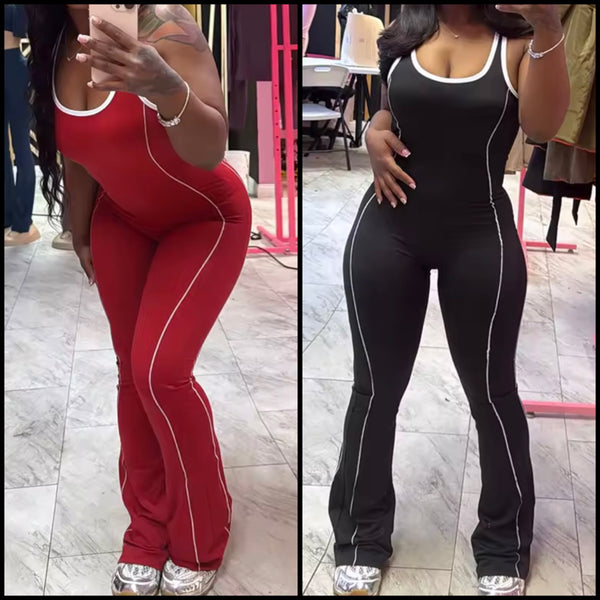 Women Sleeveless Striped Color Open Back Fashion Jumpsuit