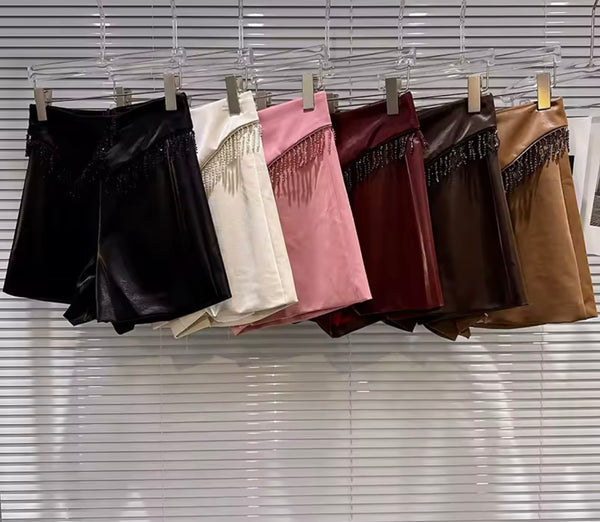 Women Color Fashion Faux Leather Tassel Shorts