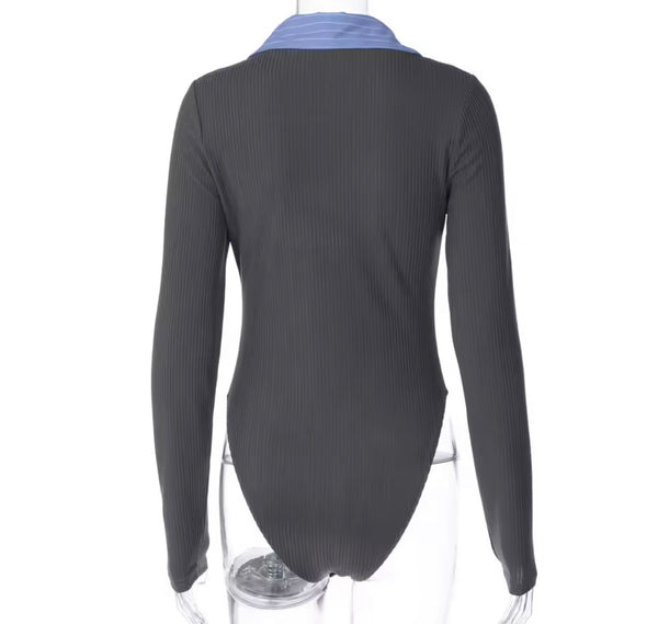 Women Sexy Striped Full Sleeve Bodysuit Two Piece Pleated Skirt Set