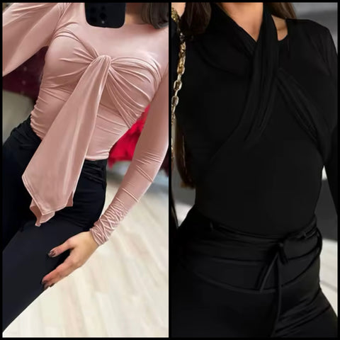 Women Fashion Solid Color Two Piece Full Sleeve Top