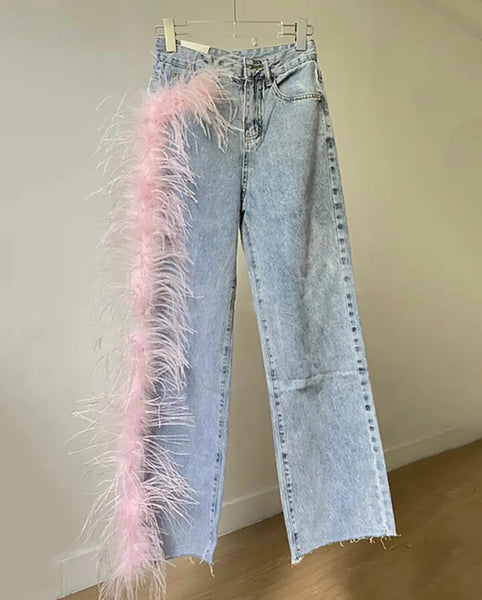 Women Fashion Faux Fur Patchwork Denim Pants