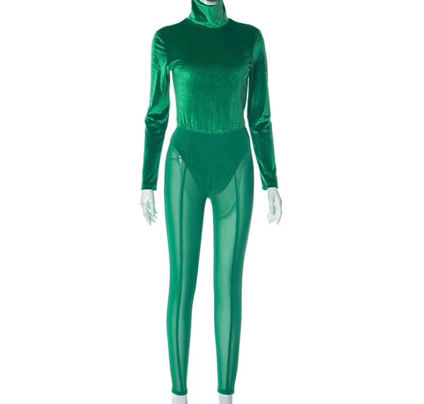 Women Green Sexy Velour Bodysuit Two Piece Mesh Pant Set