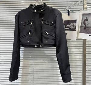 Women Fashion Solid Color Zipper Crop Jacket