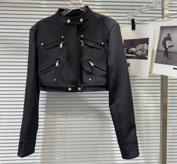 Women Fashion Solid Color Zipper Crop Jacket