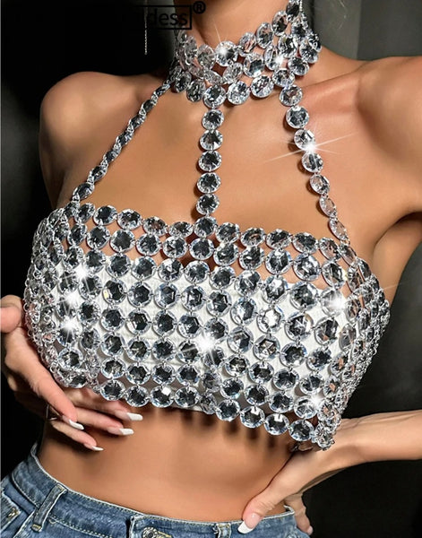 Women Sexy Fashion Halter Rhinestone Sleeveless Crop Top