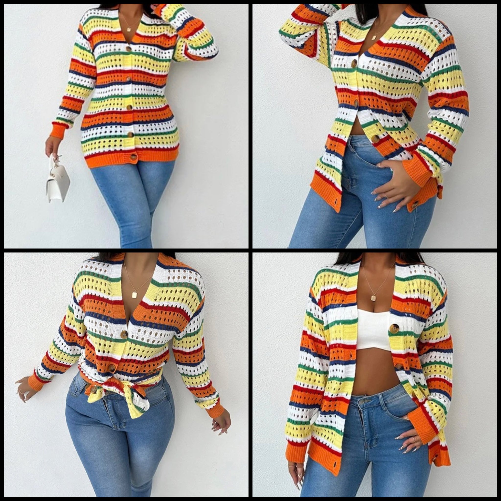 Women Fashion Multicolored Striped Button Up Knitted Top