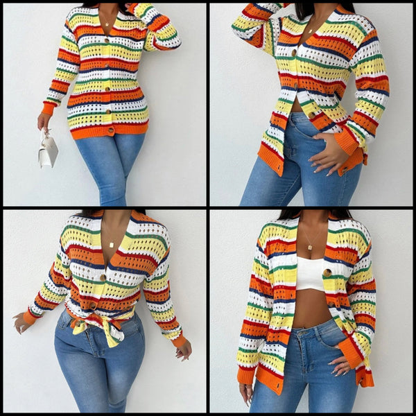 Women Fashion Multicolored Striped Button Up Knitted Top