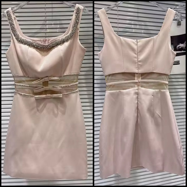 Women Pink Sleeveless Bow Mesh Patchwork Rhinestone Dress