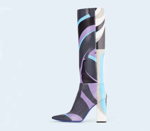 Women Fashion Multicolored Faux Leather Knee High Boots