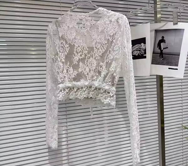 Women White Lace Button Up Full Sleeve Two Piece Skirt Set