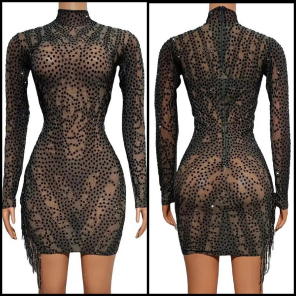 Women Black Sexy Beaded Tassel Full Sleeve Mesh Dress