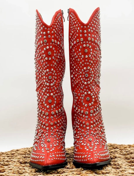 Women Fashion Red Rivet Knee High Western Boots