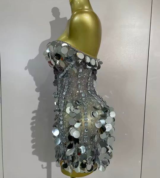 Women Sexy Strapless Sequins Rhinestone Mesh Dress