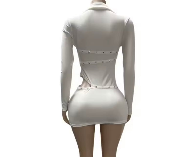 Women Sexy Collar Rivet Cut Out Full Sleeve Dress