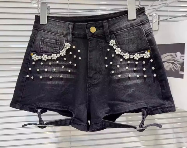 Women Fashion Beaded Bling Buckled Denim Shorts