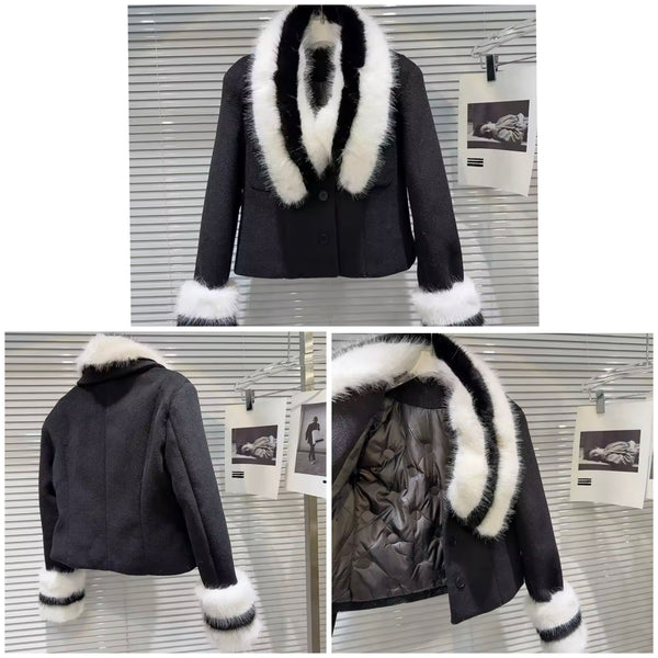 Women Fashion B&W Faux Fur Patchwork Jacket