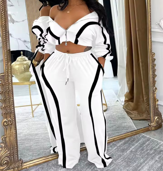 Women Fashion Velour Striped Zip Up Tracksuit Two Piece Pant Set