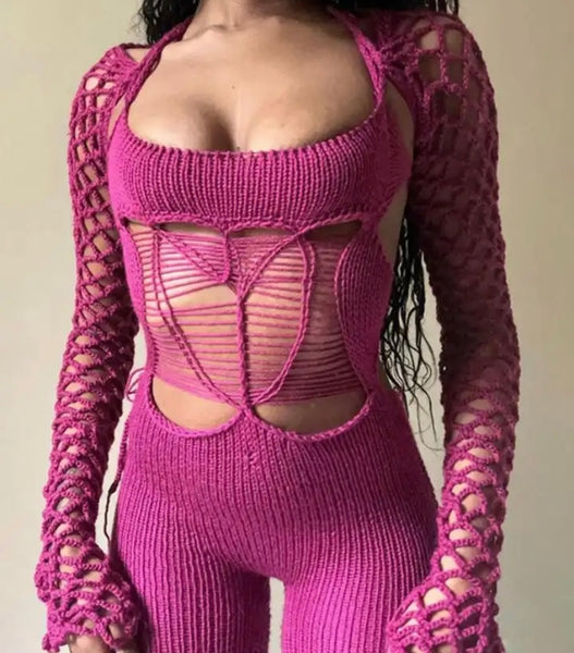 Women Sexy Knitted Full Sleeve Cut Out Fashion Jumpsuit