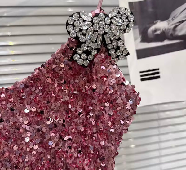 Women Pink Sequins Rhinestone Bow Sleeveless Two Piece Short Set