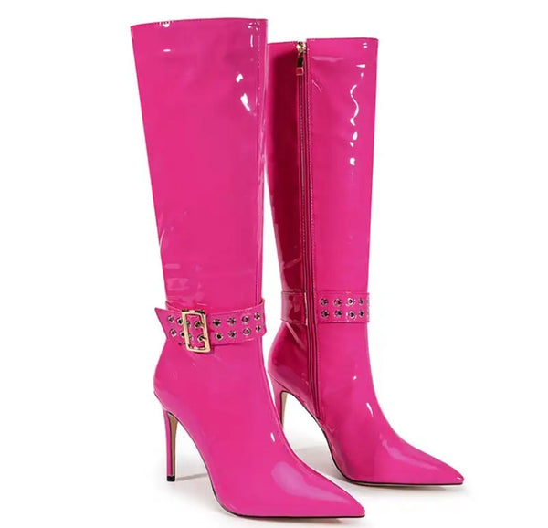 Women Fashion Patent Leather Buckled Knee High Boots