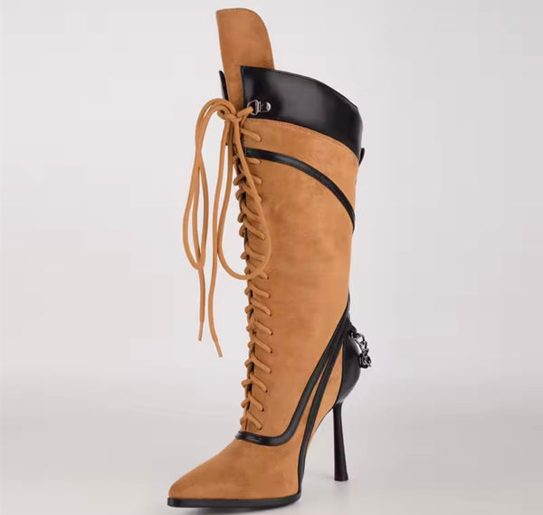 Women Suede Pointed Toe Tie Up Chain High Heel Boots