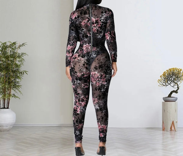 Women Sexy Full Sleeve Floral Mesh Jumpsuit