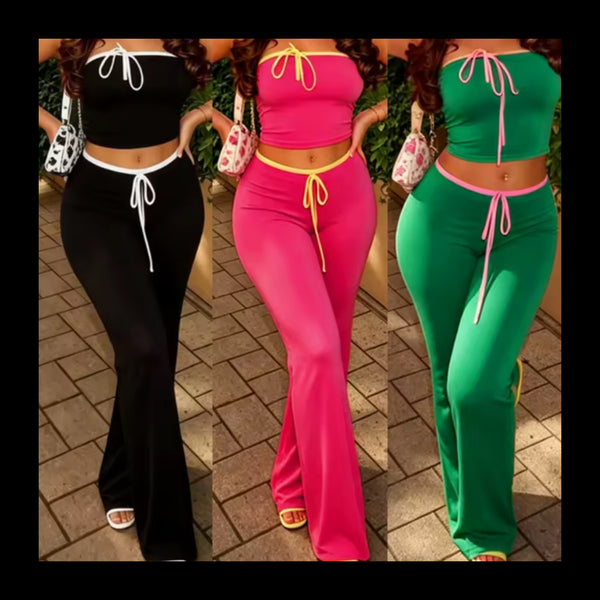 Women Sexy Tie Up Strapless Crop Two Piece Pant Set