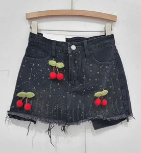 Women Fashion Rivet Cherry Denim Skirt