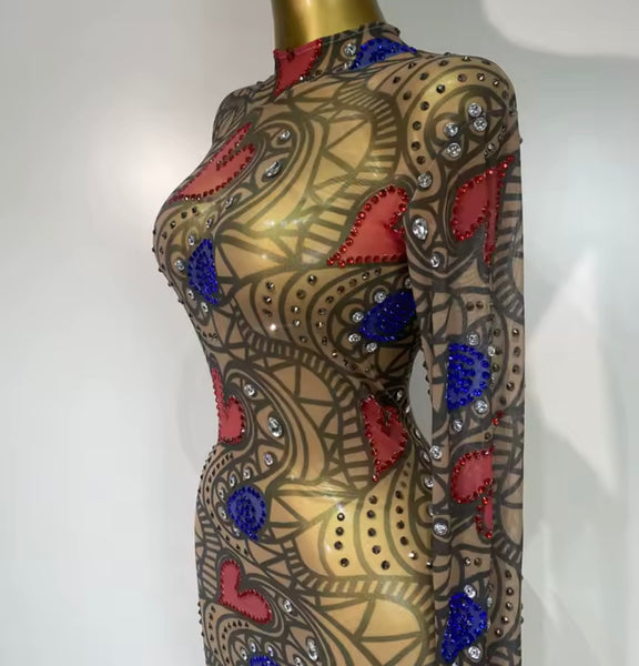 Women Sexy Color Patchwork Heart Printed Bling Mesh Maxi Dress