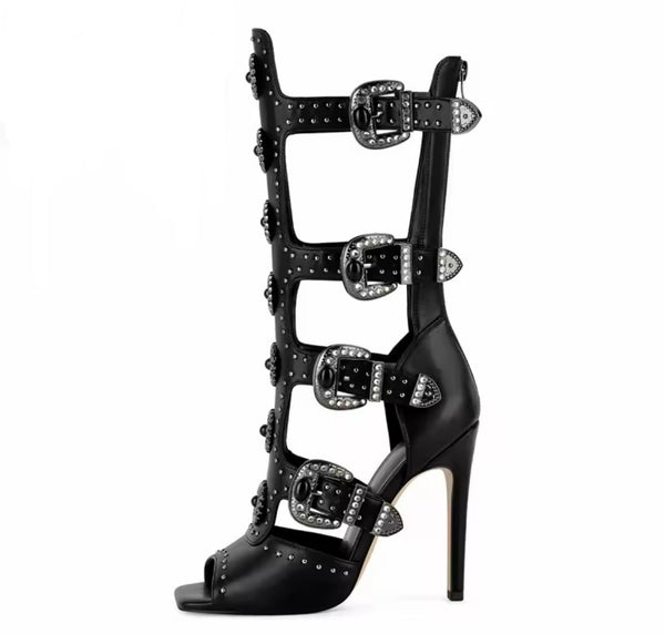 Women Black Rivet Buckled High Heel Knee Length Sandals