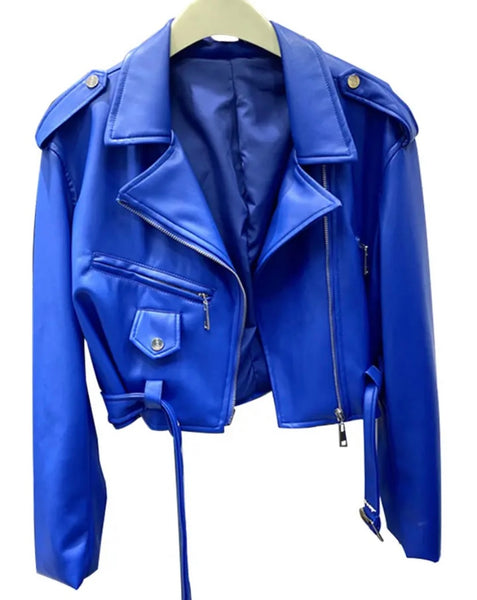 Women Color Fashion Faux Leather Zip Up Jacket