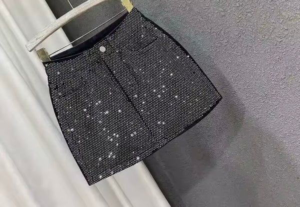 Women Bling Patchwork Fashion Black Denim Skirt
