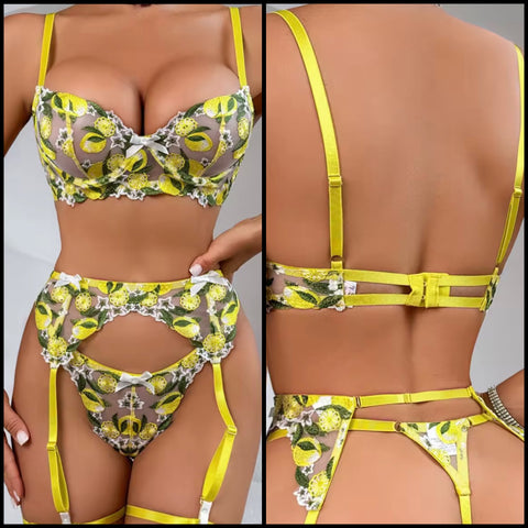 Women Sexy Yellow Floral Mesh Lingerie Set
