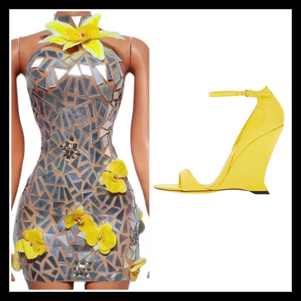 Women Sexy Silver Sleeveless Yellow Floral Patchwork Dress