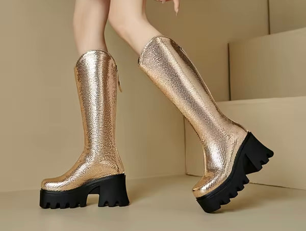 Women Fashion Metallic Zip Up Platform Knee High Boots