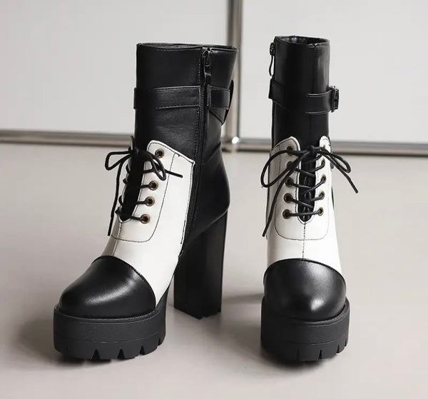 Women Fashion Color Patchwork Lace Up Platform Ankle Boots