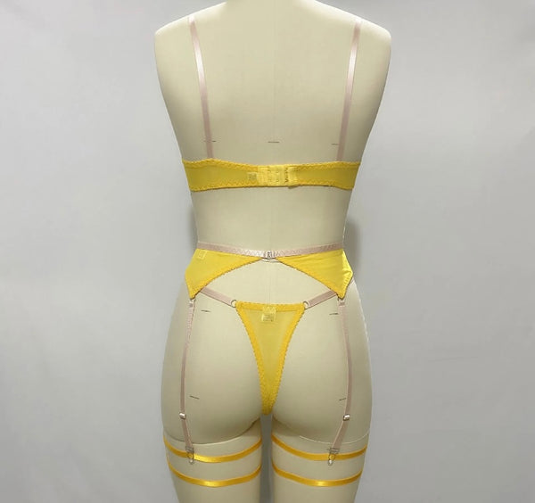 Women Sexy Yellow Floral Lingerie Set