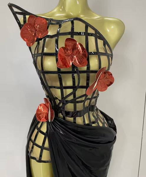 Women Sexy Strapless Glove 3D Floral Two Piece Maxi Skirt Set